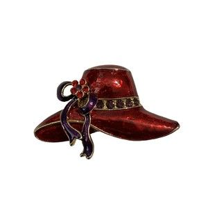 Cowgirl Cowboy Hat Red Enamel Painted Rodeo Rhinestone Pin Brooch